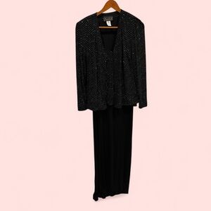 Y2K Alex Evenings black qnd bling maxi dress and matching jacket comfy jersey